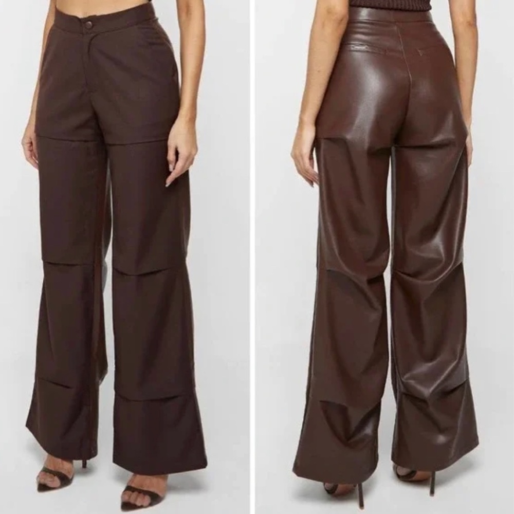 NWT Maniére De Voir Woven & Vegan Leather Wide Leg Trousers
